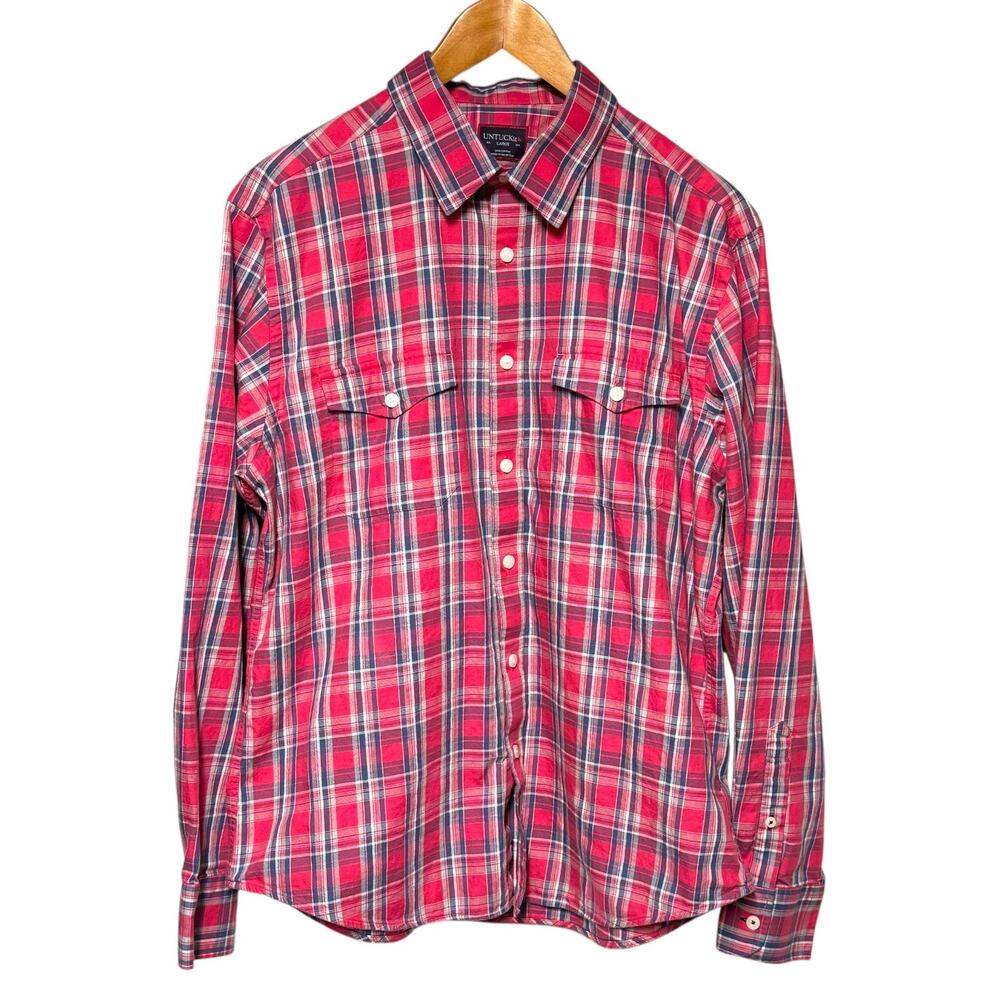 UntuckIt Ojai Long Sleeve Button Up Red White Blue Gray Plaid Cotton Large - Picture 1 of 3